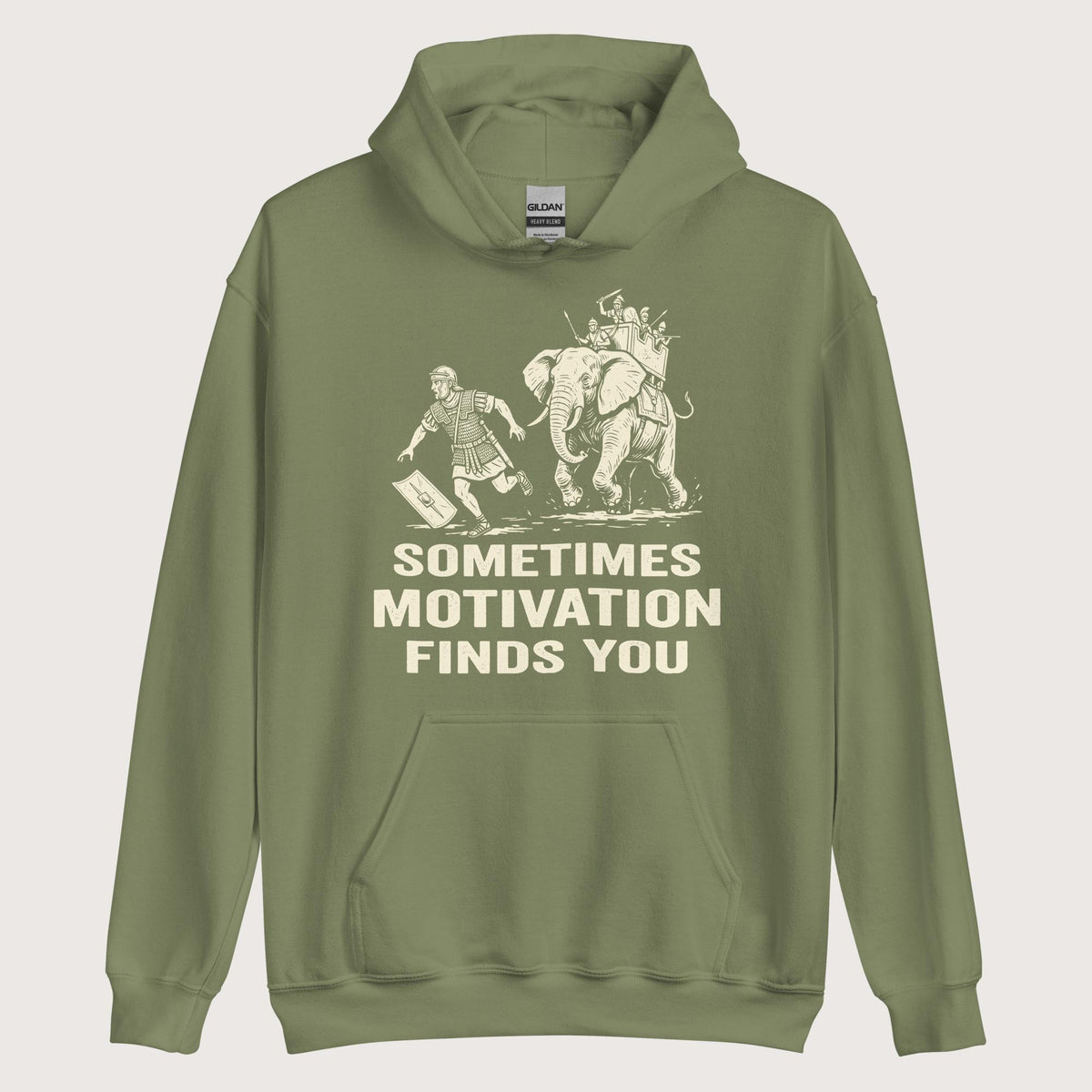 Military Green Motivation Finds You War Elephant Edition Hoodie - history buff gift by HistoHead