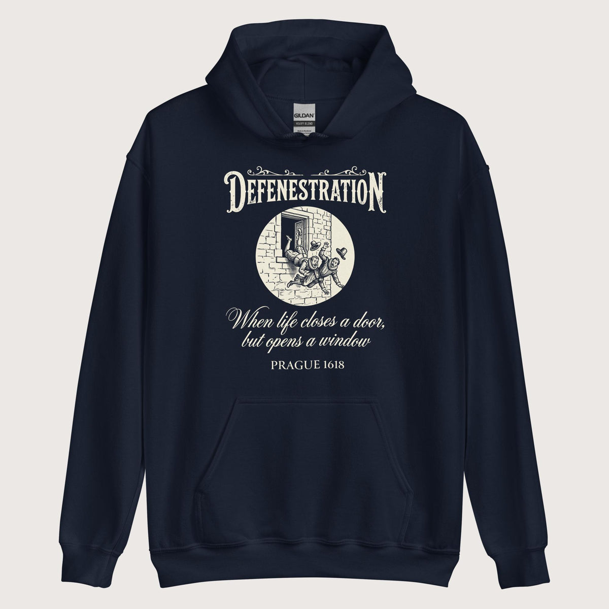 Navy Defenestration When Life Closes A Door But Opens A Window Hoodie - history buff gift by HistoHead
