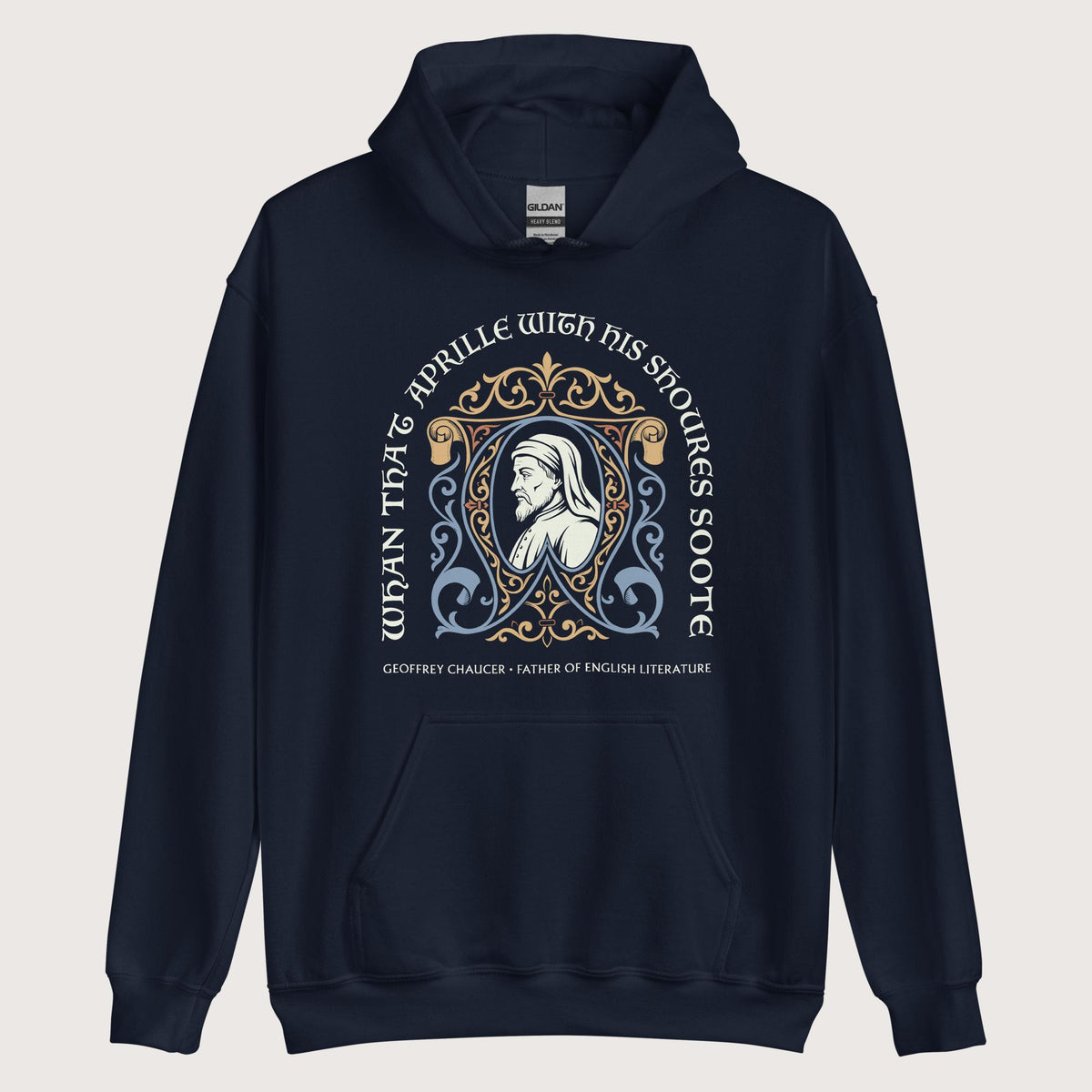 Navy Geoffrey Chaucer Hoodie - history buff gift by HistoHead