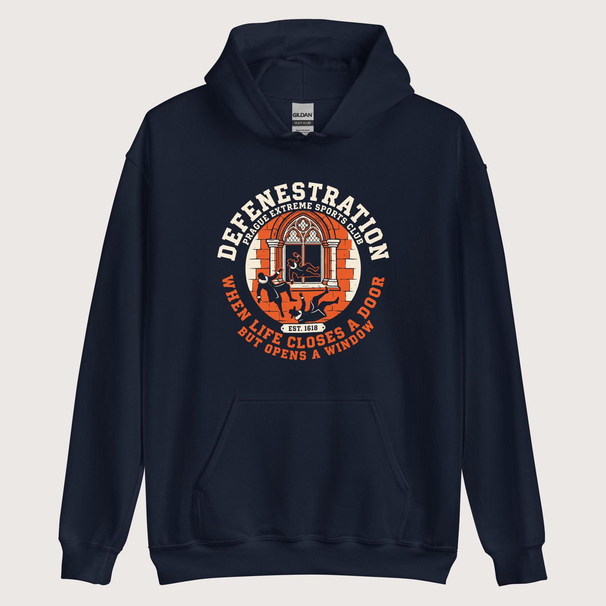 Navy Defenestration Prague Extreme Sports Club Hoodie - history buff gift by HistoHead