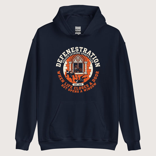Navy Defenestration Prague Extreme Sports Club Hoodie - history buff gift by HistoHead