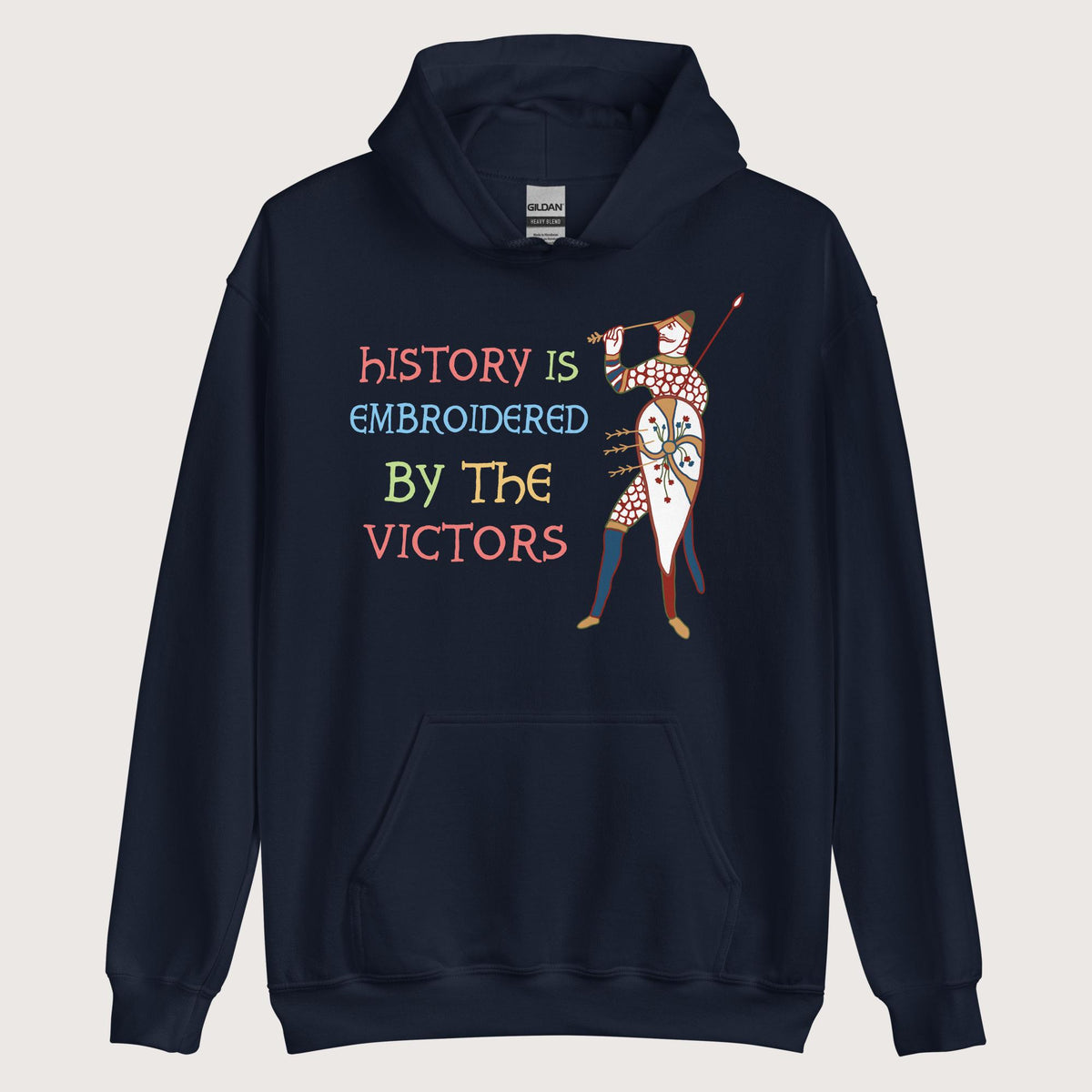 Navy Harold Godwinson History Is Embroidered by the Victors Bayeux Tapestry Hoodie - history buff gift by HistoHead