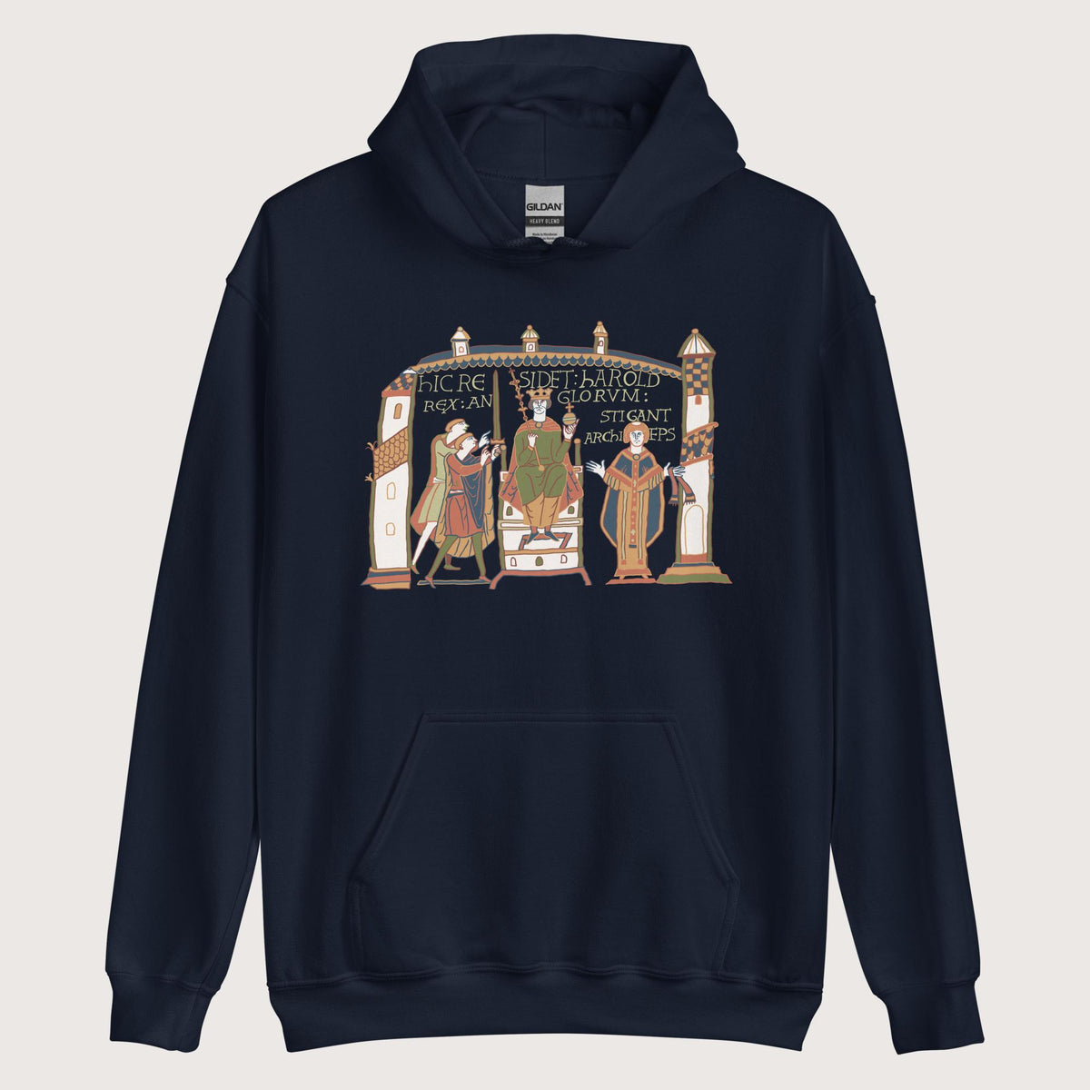 Navy Here Sits Throned Harold King of the English Bayeux Tapestry Hoodie - history buff gift by HistoHead