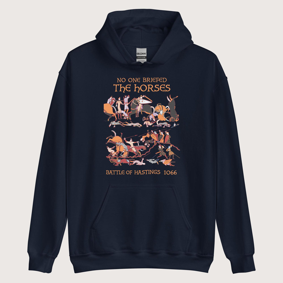 Navy Bayeux Tapestry No One Briefed the Horses Hoodie - history buff gift by HistoHead