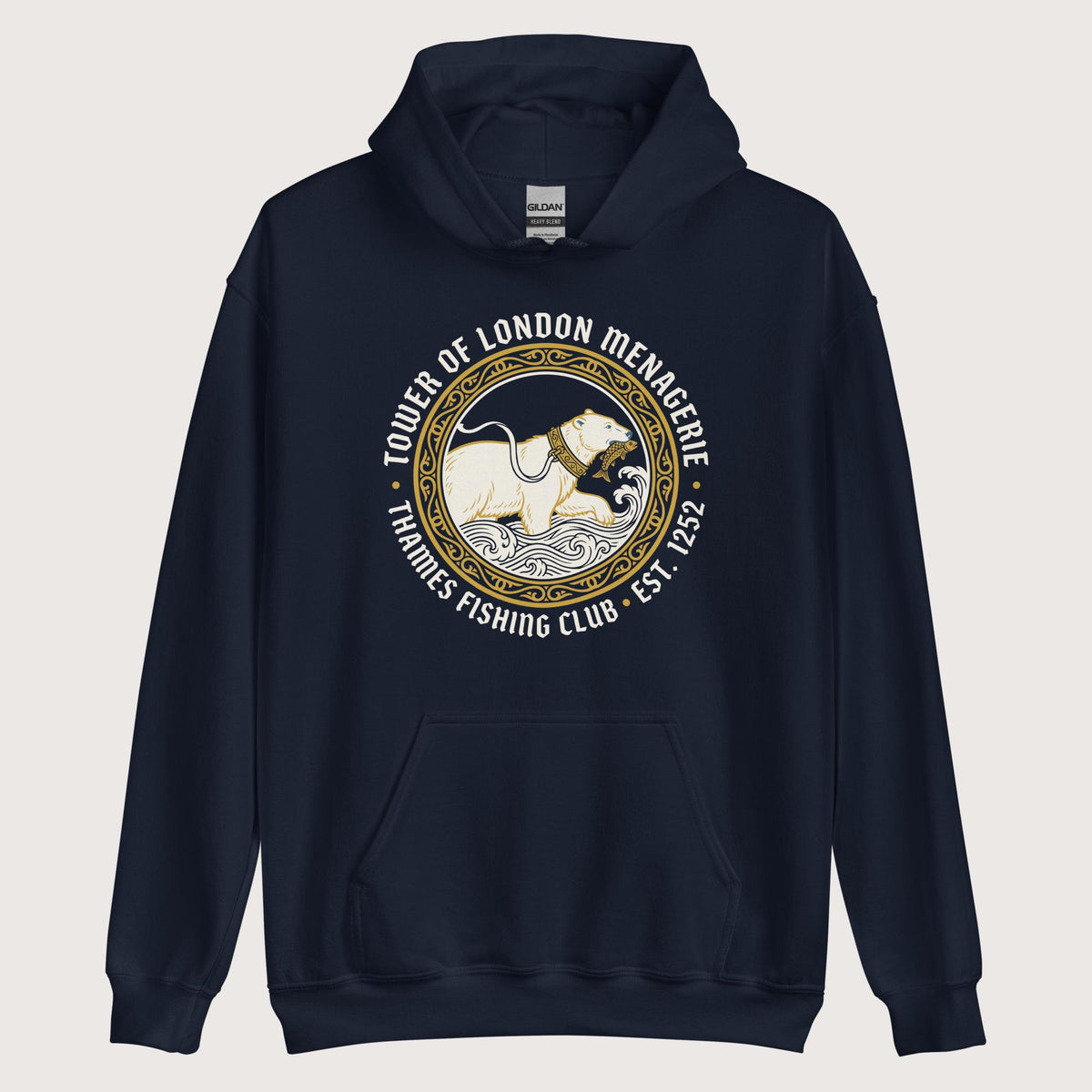 Navy Tower Of London Menagerie Thames Fishing Club Hoodie - history buff gift by HistoHead