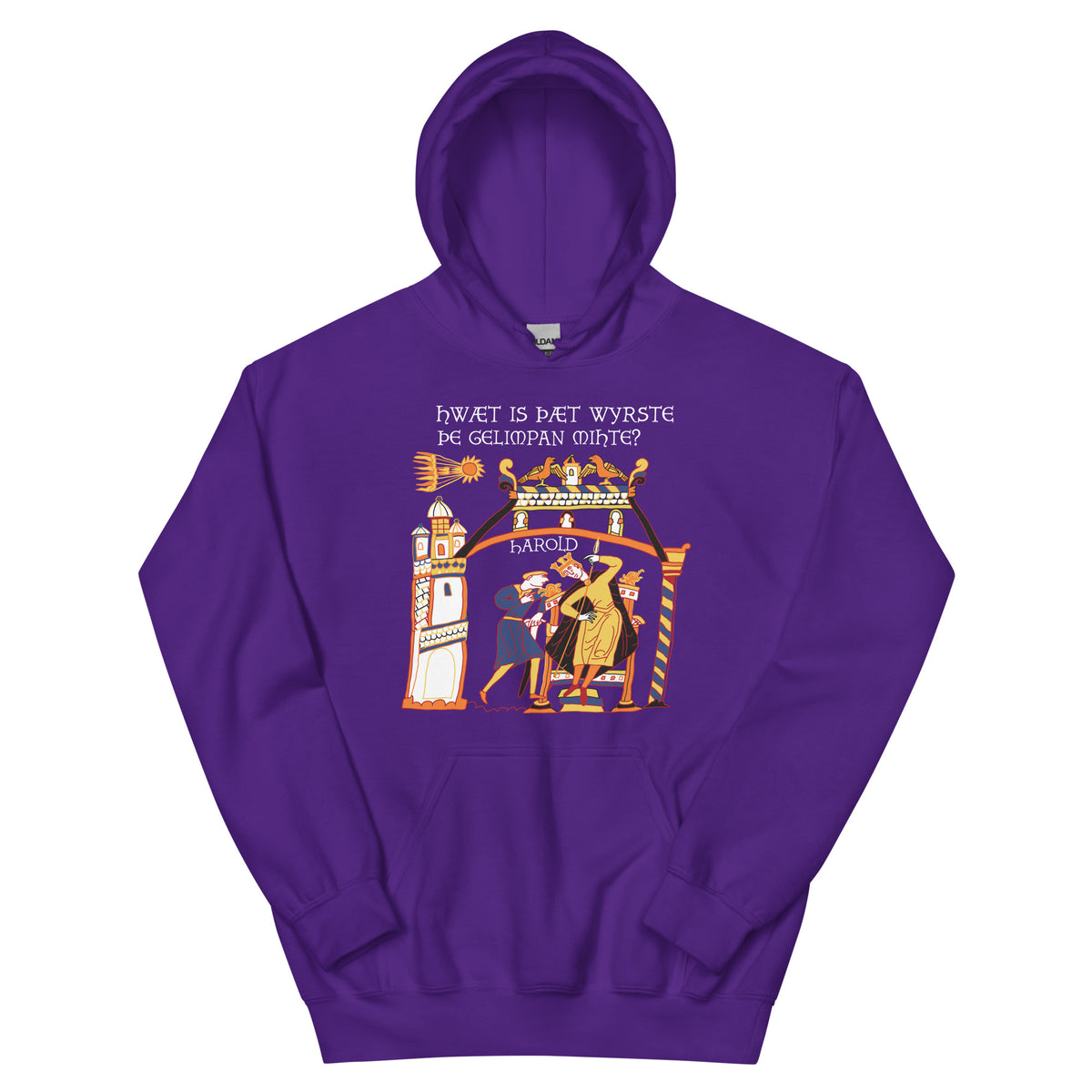 Purple Bayeux Tapestry What's the Worst That Could Happen in Old English Hoodie - history buff gift by HistoHead