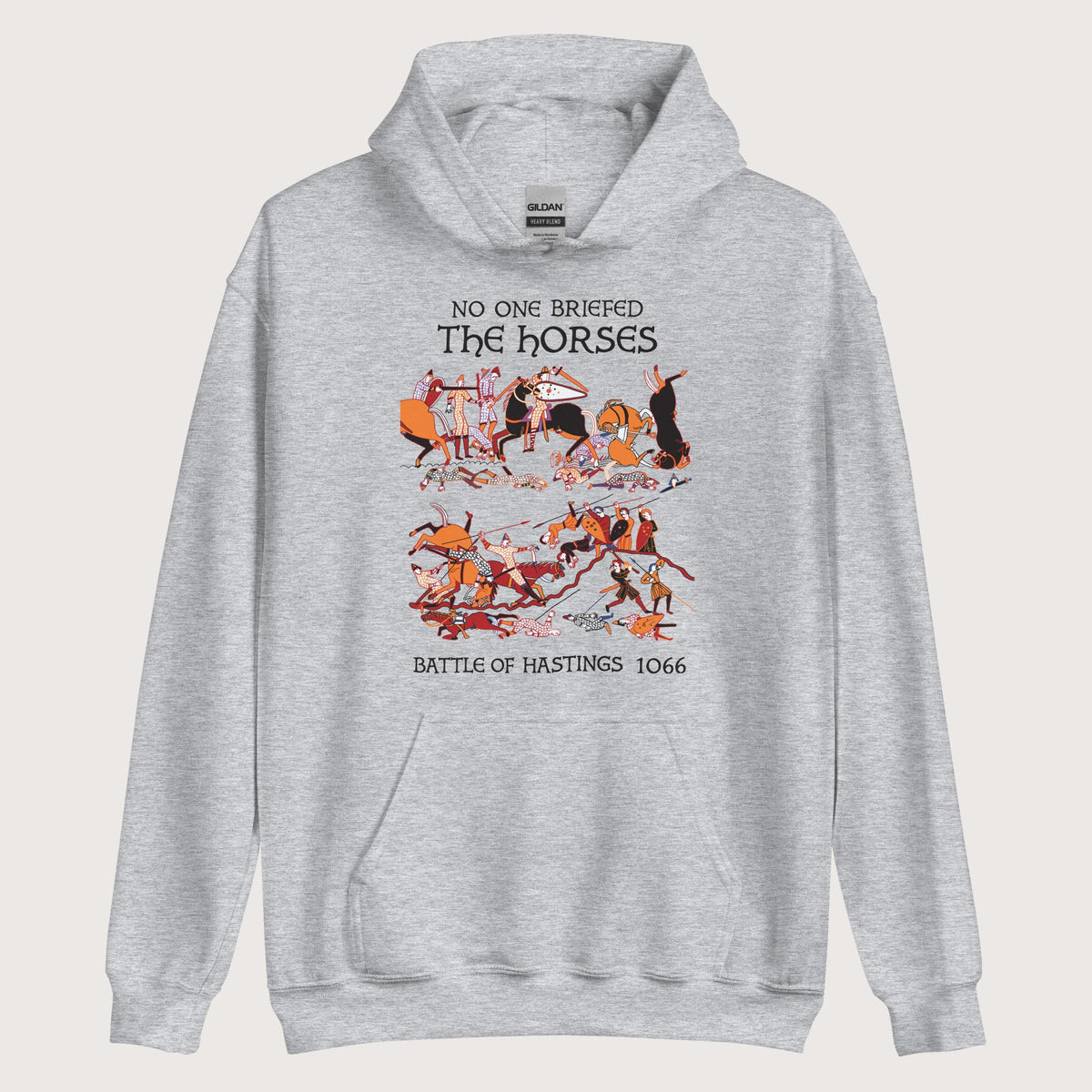 Sport Grey Bayeux Tapestry No One Briefed the Horses Hoodie - history buff gift by HistoHead
