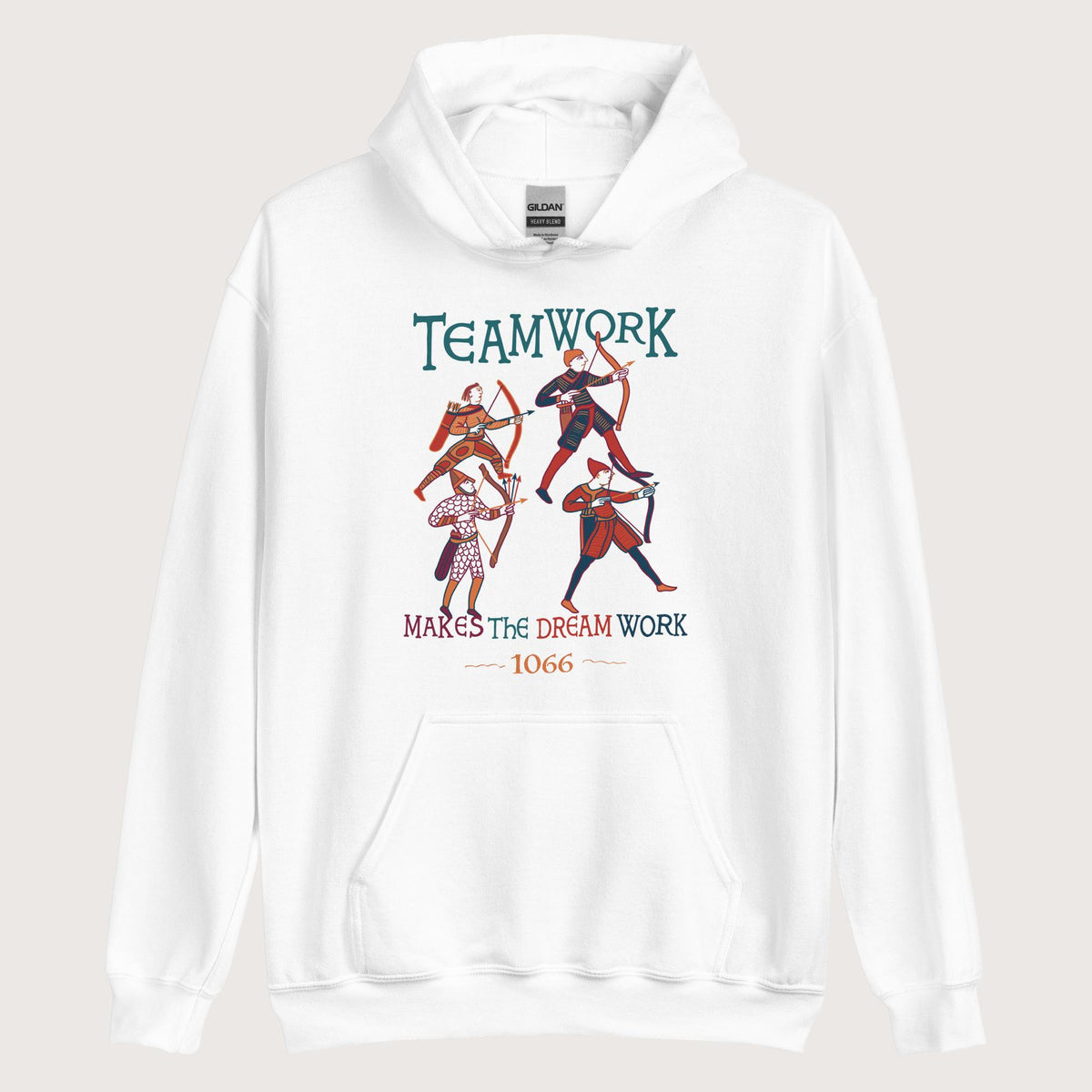 White Bayeux Tapestry Teamwork Makes the Dream Work Hoodie - history buff gift by HistoHead