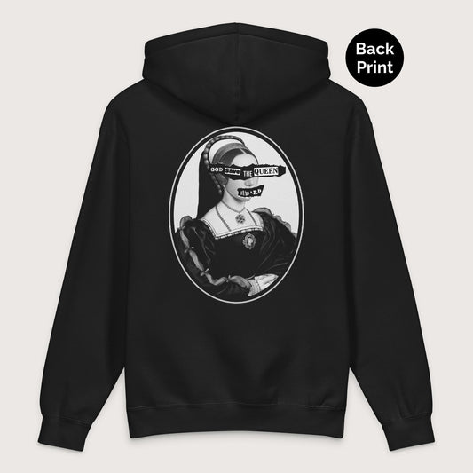 Black God Save the Queen Catherine Howard - Premium Hoodie - Back Print - history buff gift by HistoHead