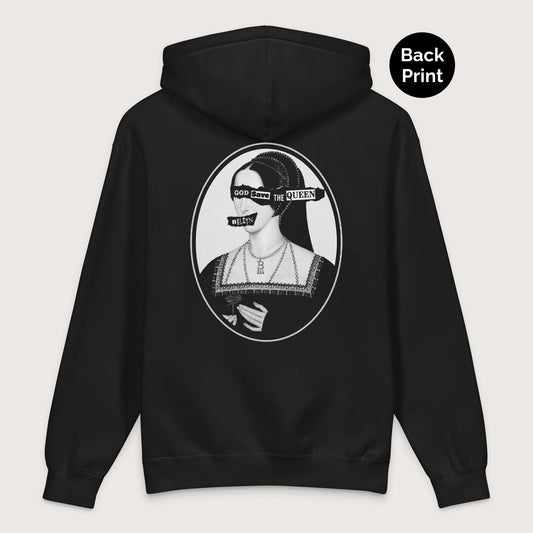 Black God Save the Queen Anne Boleyn - Premium Hoodie - Back Print - history buff gift by HistoHead