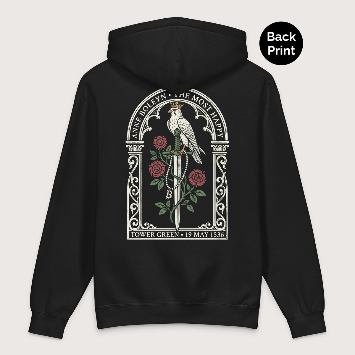 Black Anne Boleyn Falcon - Premium Hoodie - Back Print - history buff gift by HistoHead