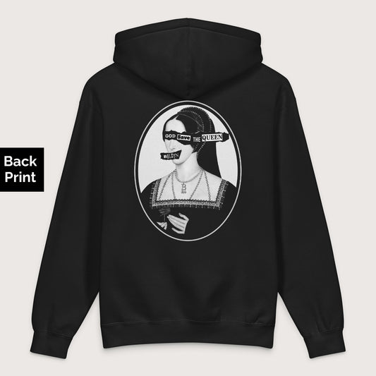 Black God Save the Queen Anne Boleyn - Premium Hoodie - Back Print - history buff gift by HistoHead
