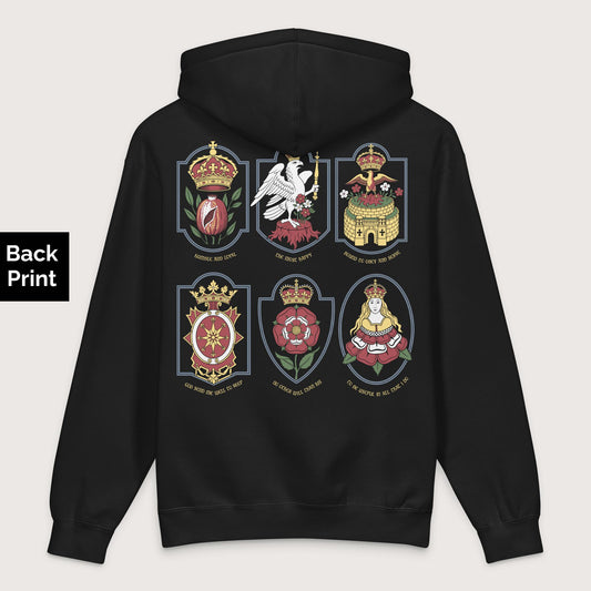 Black Six Wives Badges - Premium Hoodie - Back Print - history buff gift by HistoHead