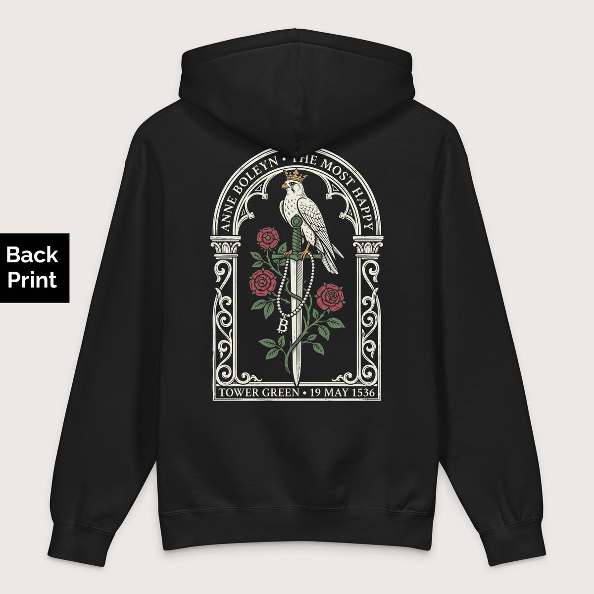Black Anne Boleyn Falcon - Premium Hoodie - Back Print - history buff gift by HistoHead