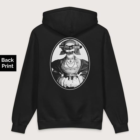 Black God Save the Queen Anne of Cleves - Premium Hoodie - Back Print - history buff gift by HistoHead