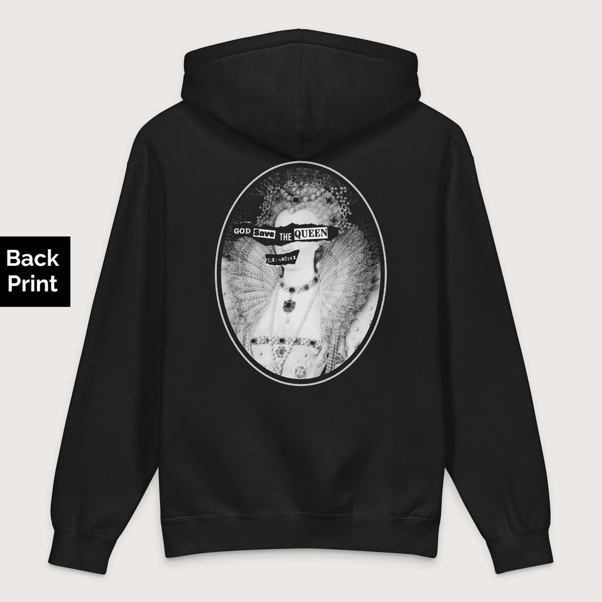 Black God Save the Queen Elizabeth I - Premium Hoodie - Back Print - history buff gift by HistoHead