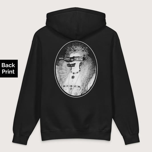 Black God Save the Queen Elizabeth I - Premium Hoodie - Back Print - history buff gift by HistoHead