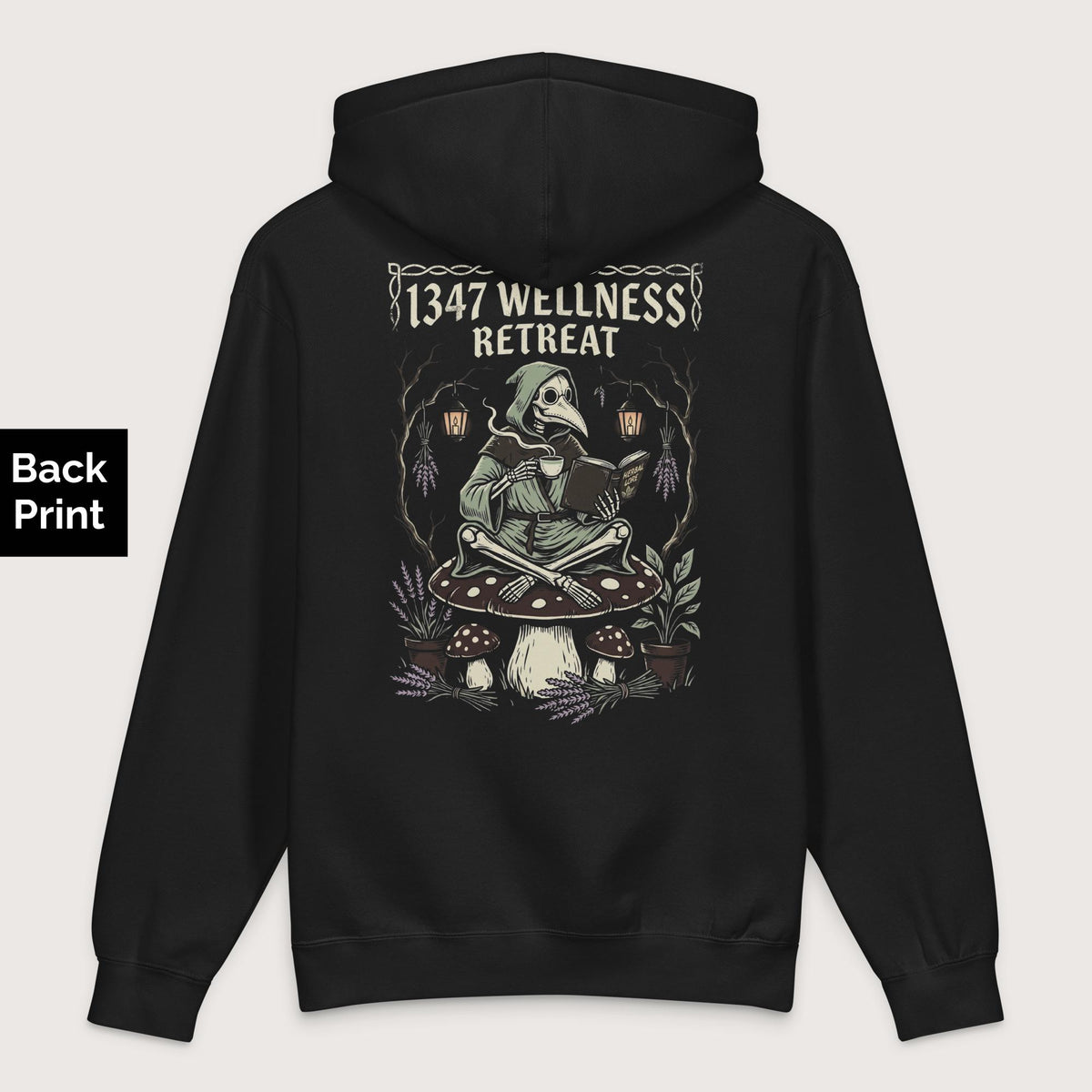 Black Plague Doctor Wellness Retreat - Premium Hoodie - Back Print - history buff gift by HistoHead