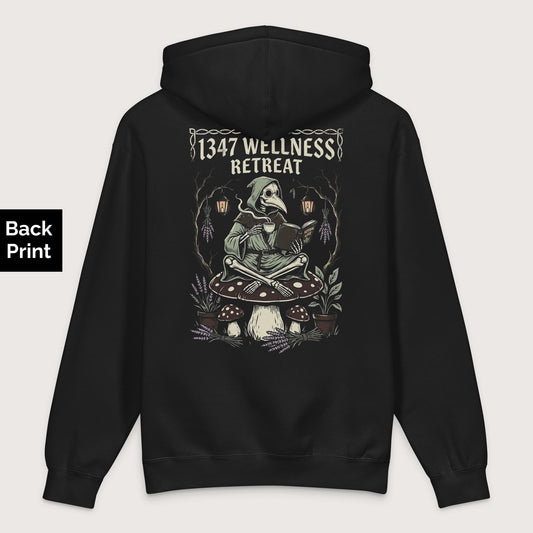 Black Plague Doctor Wellness Retreat - Premium Hoodie - Back Print - history buff gift by HistoHead