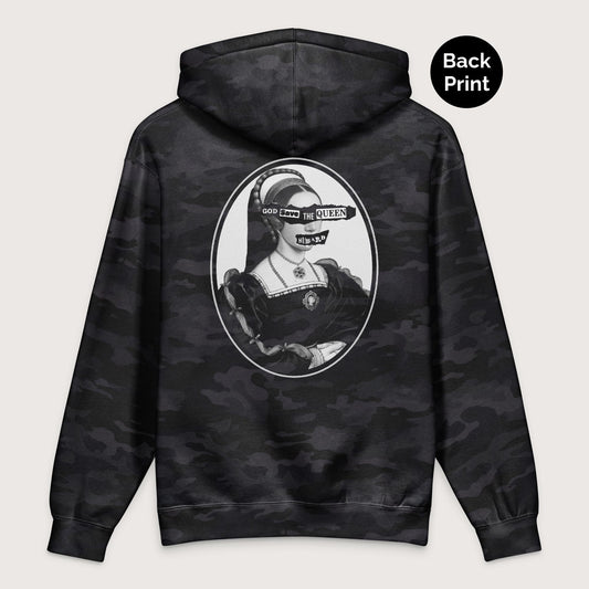 Black Camo God Save the Queen Catherine Howard - Premium Hoodie - Back Print - history buff gift by HistoHead