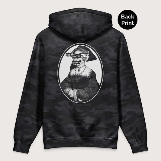 Black Camo God Save the Queen Jane Seymour - Premium Hoodie - Back Print - history buff gift by HistoHead