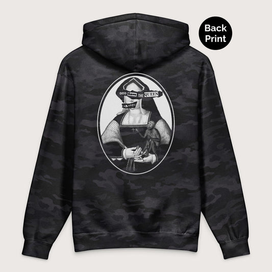 Black Camo God Save the Queen Katherine of Aragon - Premium Hoodie - Back Print - history buff gift by HistoHead