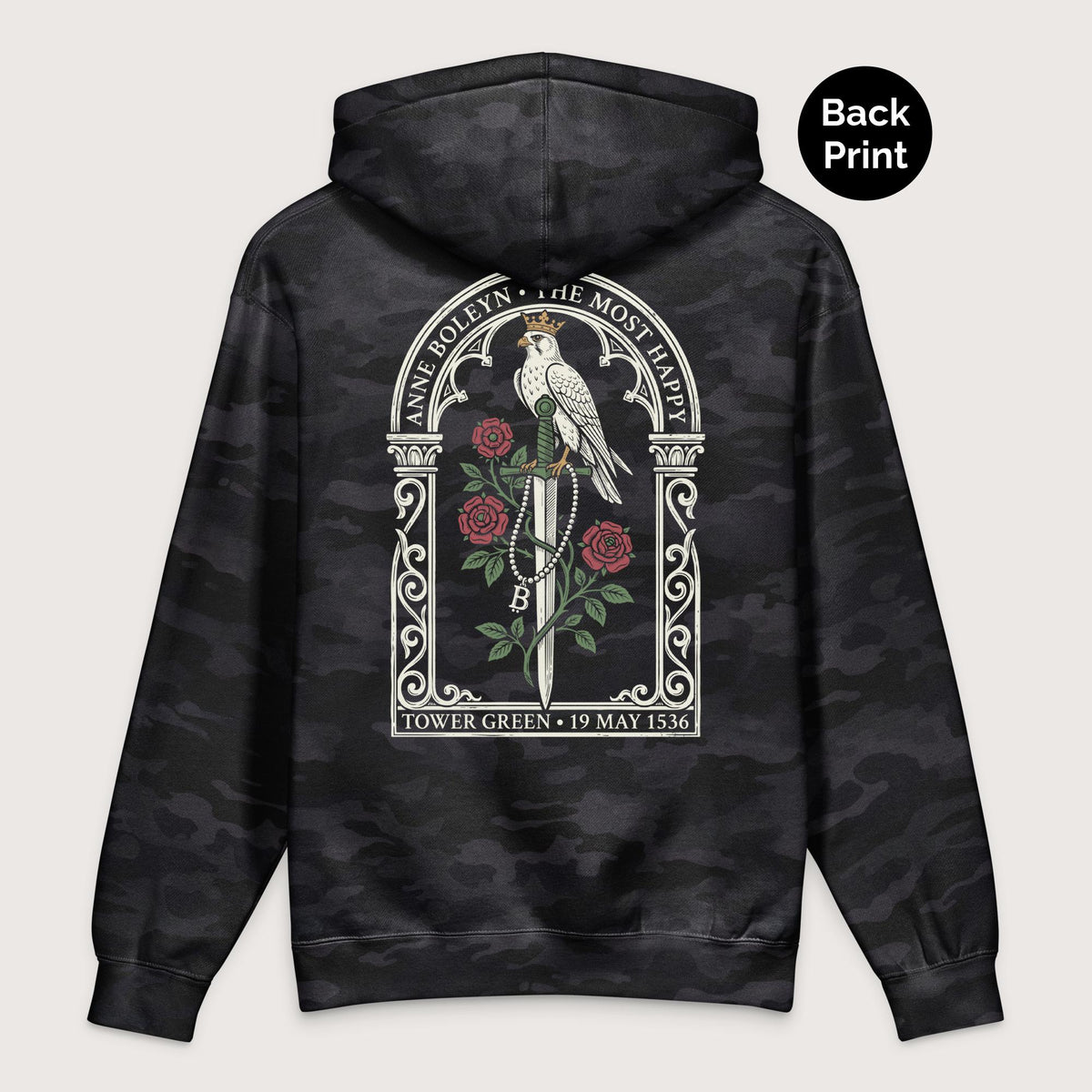 Black Camo Anne Boleyn Falcon - Premium Hoodie - Back Print - history buff gift by HistoHead