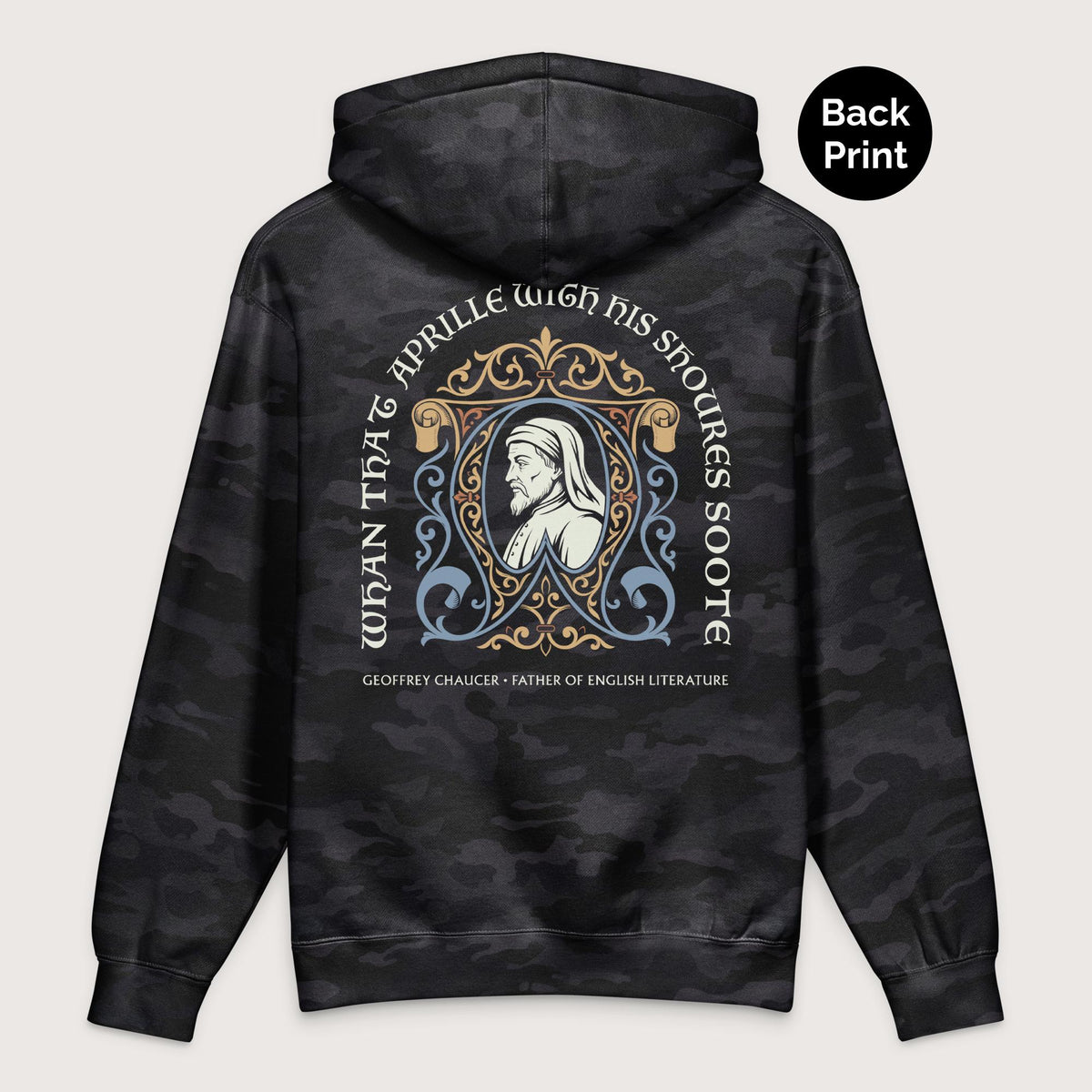 Black Camo Geoffrey Chaucer - Premium Hoodie - Back Print - history buff gift by HistoHead