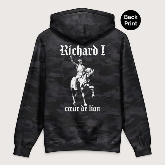 Black Camo Richard I Coeur de Lion - Premium Hoodie - Back Print - history buff gift by HistoHead