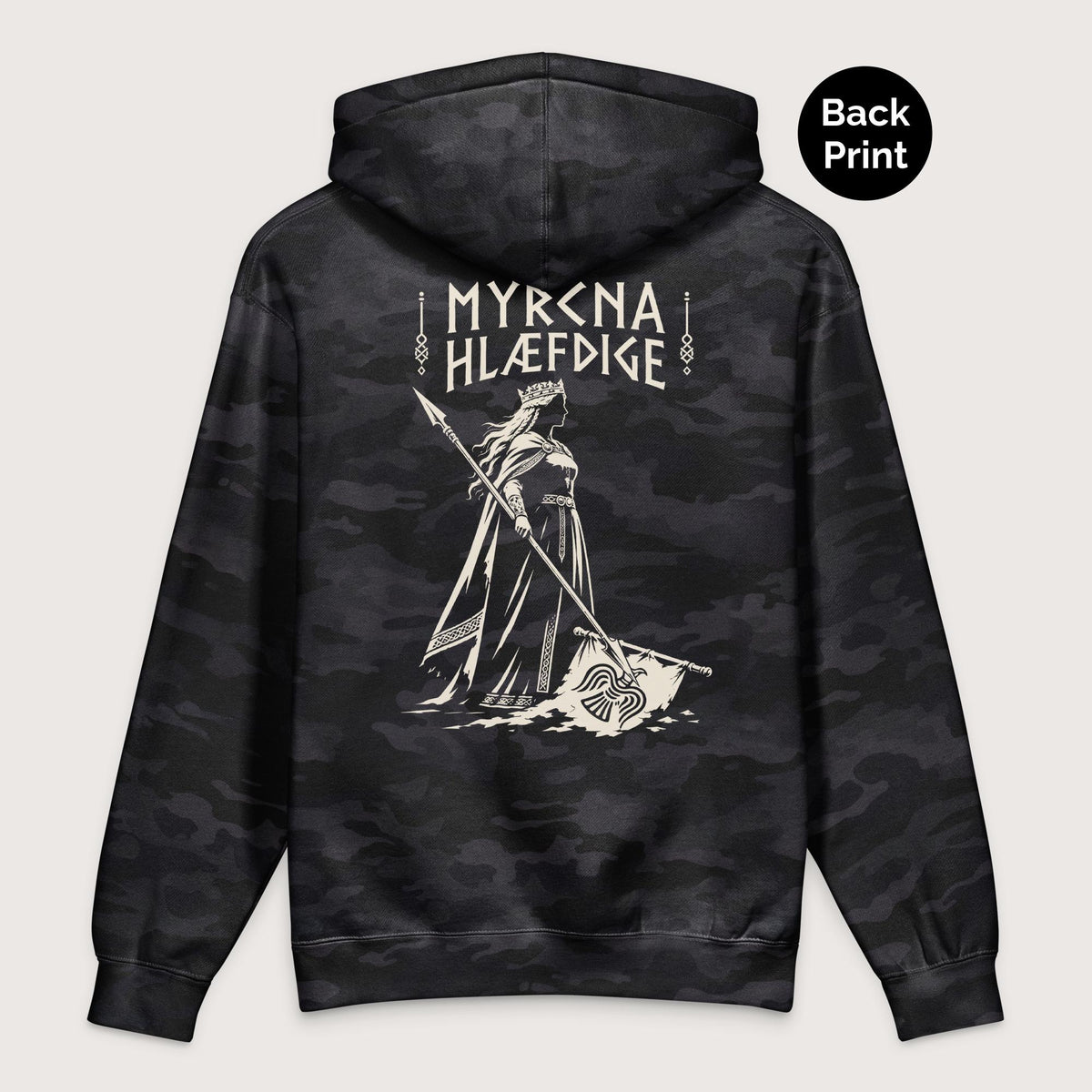 Black Camo Æthelflæd Myrcna Hlæfdige - Premium Hoodie - Back Print - history buff gift by HistoHead
