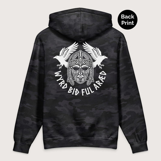 Black Camo Wyrd Bið Ful Aræd Sutton Hoo Helmet Edition - Premium Hoodie - Back Print - history buff gift by HistoHead