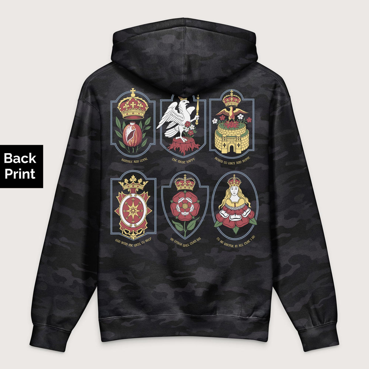 Black Camo Six Wives Badges - Premium Hoodie - Back Print - history buff gift by HistoHead