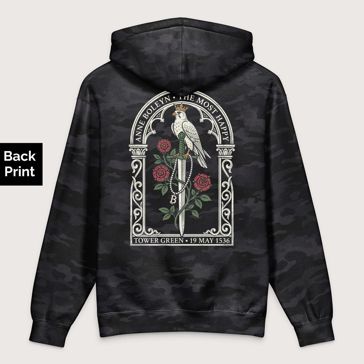 Black Camo Anne Boleyn Falcon - Premium Hoodie - Back Print - history buff gift by HistoHead