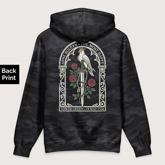 Black Camo Anne Boleyn Falcon - Premium Hoodie - Back Print - history buff gift by HistoHead