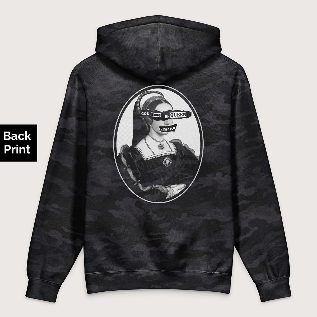 Black Camo God Save the Queen Catherine Howard - Premium Hoodie - Back Print - history buff gift by HistoHead