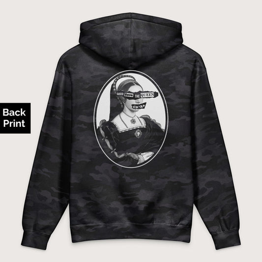 Black Camo God Save the Queen Catherine Howard - Premium Hoodie - Back Print - history buff gift by HistoHead