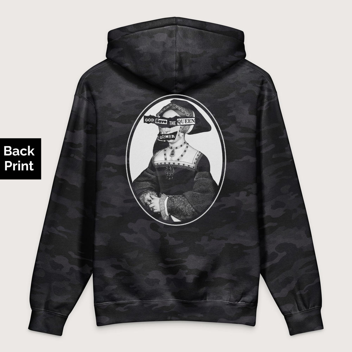 Black Camo God Save the Queen Jane Seymour - Premium Hoodie - Back Print - history buff gift by HistoHead