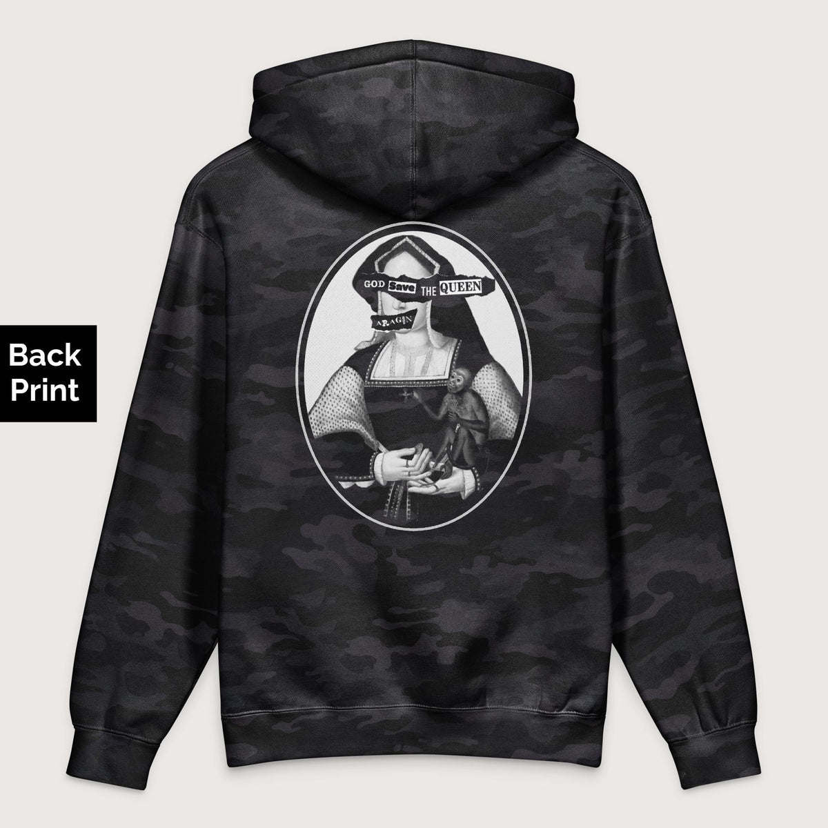 Black Camo God Save the Queen Katherine of Aragon - Premium Hoodie - Back Print - history buff gift by HistoHead
