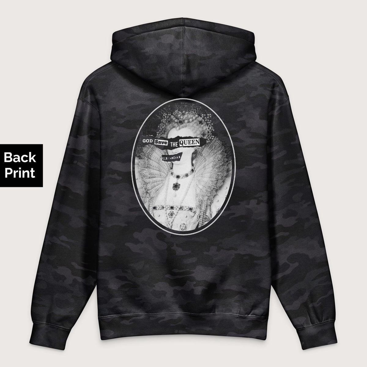 Black Camo God Save the Queen Elizabeth I - Premium Hoodie - Back Print - history buff gift by HistoHead