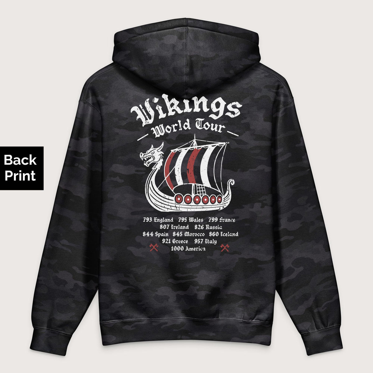Black Camo Vikings World Tour - Premium Hoodie - Back Print - history buff gift by HistoHead