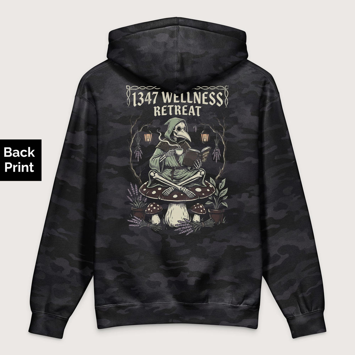 Black Camo Plague Doctor Wellness Retreat - Premium Hoodie - Back Print - history buff gift by HistoHead