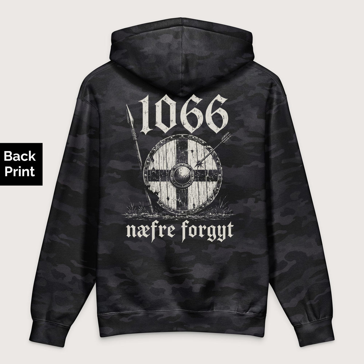 Black Camo 1066 Never Forget in Old English - Premium Hoodie - Back Print - history buff gift by HistoHead