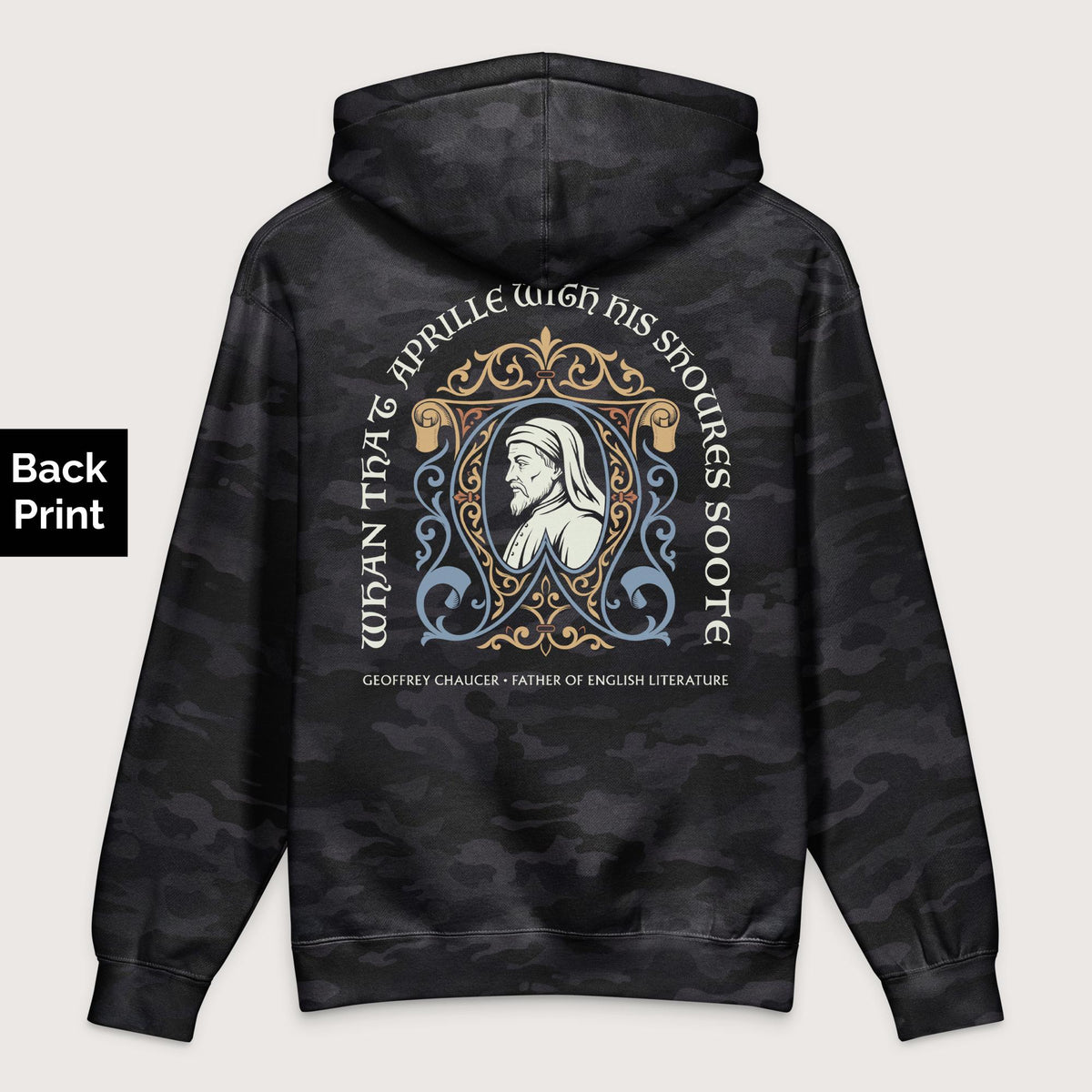 Black Camo Geoffrey Chaucer - Premium Hoodie - Back Print - history buff gift by HistoHead