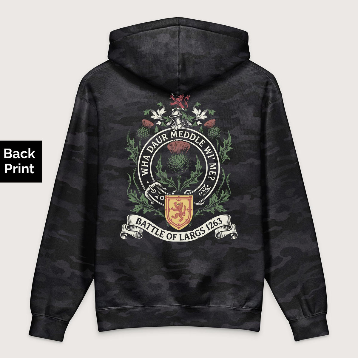 Black Camo Scotland Battle of Largs 1263 - Premium Hoodie - Back Print - history buff gift by HistoHead