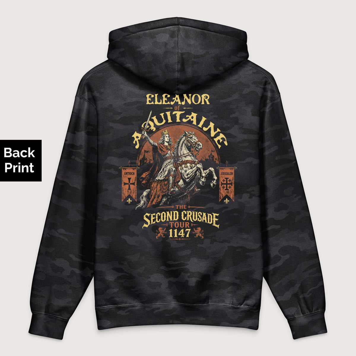 Black Camo Eleanor of Aquitaine Second Crusade Tour - Premium Hoodie - Back Print - history buff gift by HistoHead