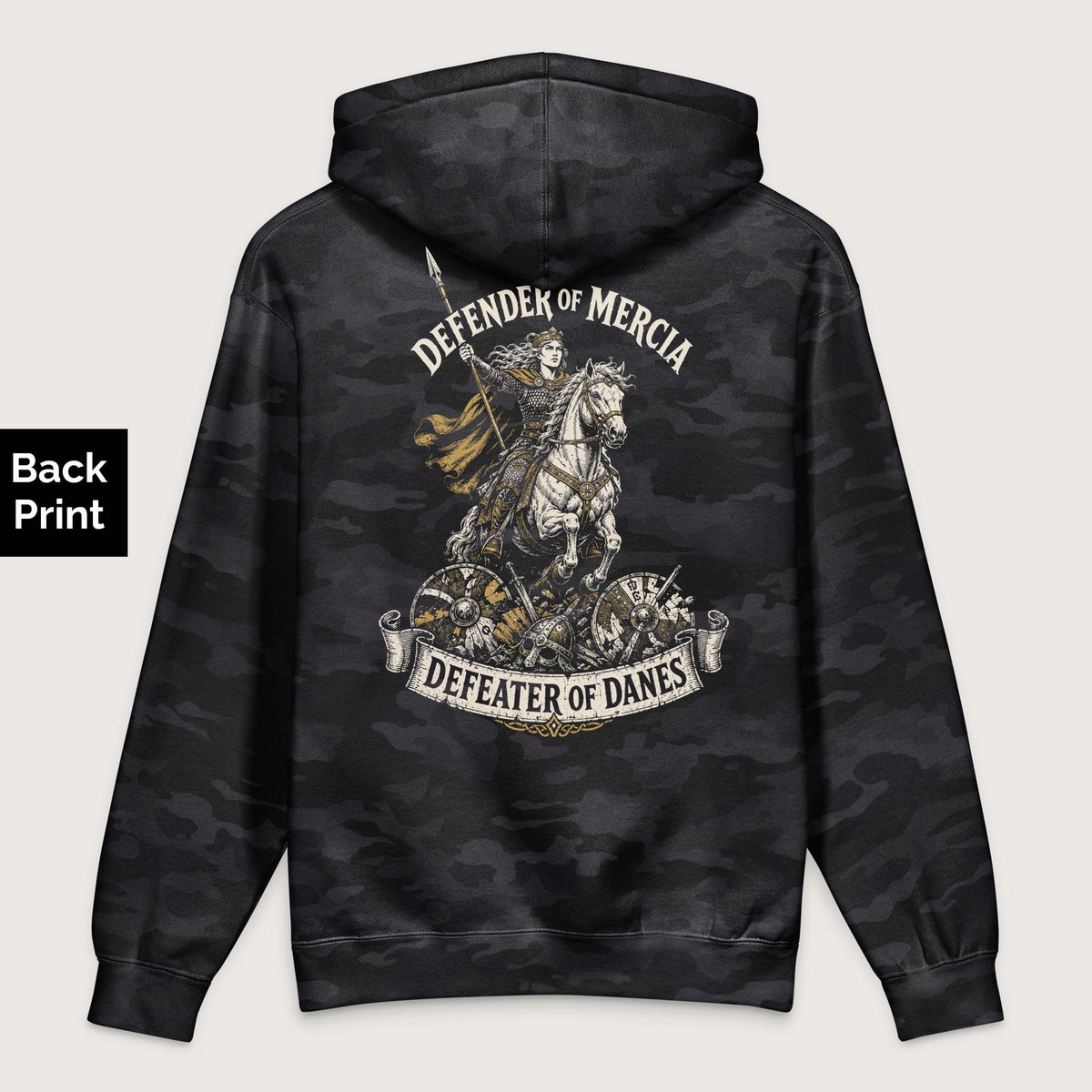 Black Camo Æthelflæd Defender of Mercia - Premium Hoodie - Back Print - history buff gift by HistoHead