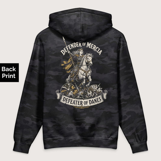 Black Camo Æthelflæd Defender of Mercia - Premium Hoodie - Back Print - history buff gift by HistoHead