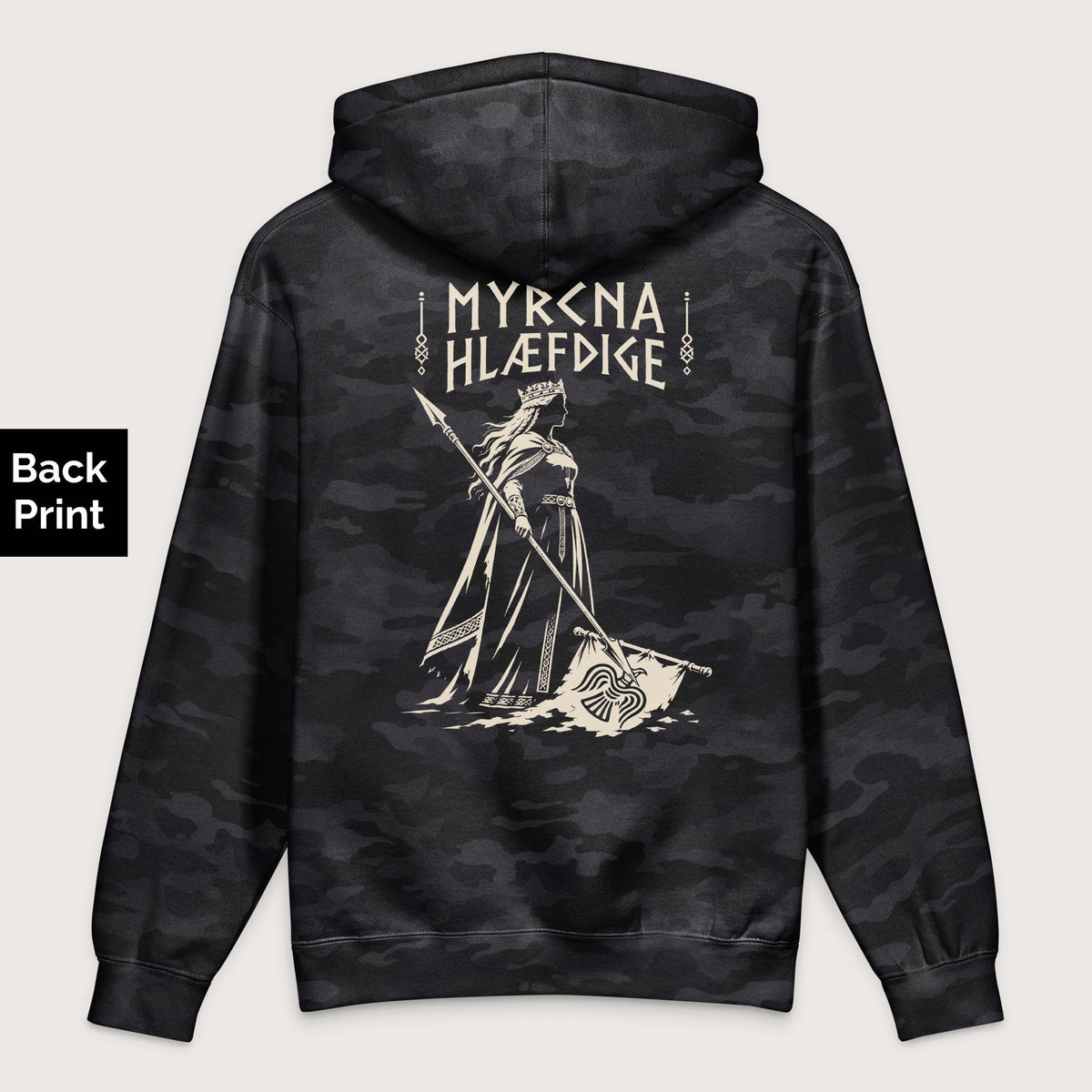 Black Camo Æthelflæd Myrcna Hlæfdige - Premium Hoodie - Back Print - history buff gift by HistoHead