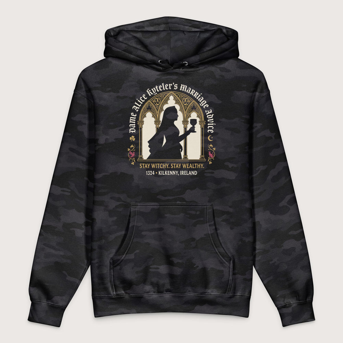 Black Camo Alice Kyteler's Marriage Advice - Premium Hoodie - history buff gift by HistoHead
