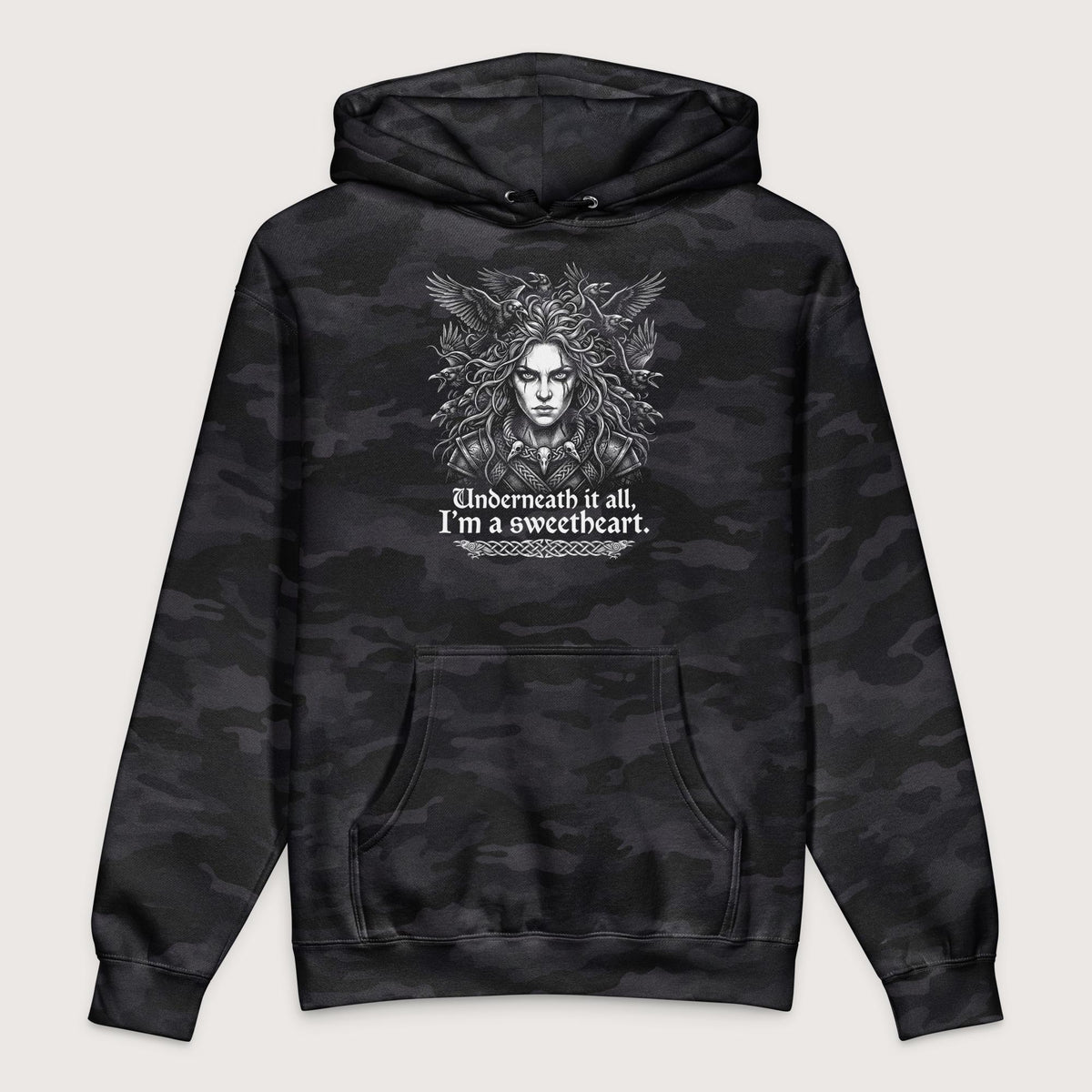Black Camo The Morrigan Underneath I'm a Sweetheart - Premium Hoodie - history buff gift by HistoHead